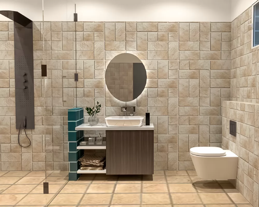 Wash basin cabinet design with backlit irregular mirrors under wooden sink in hyderabad