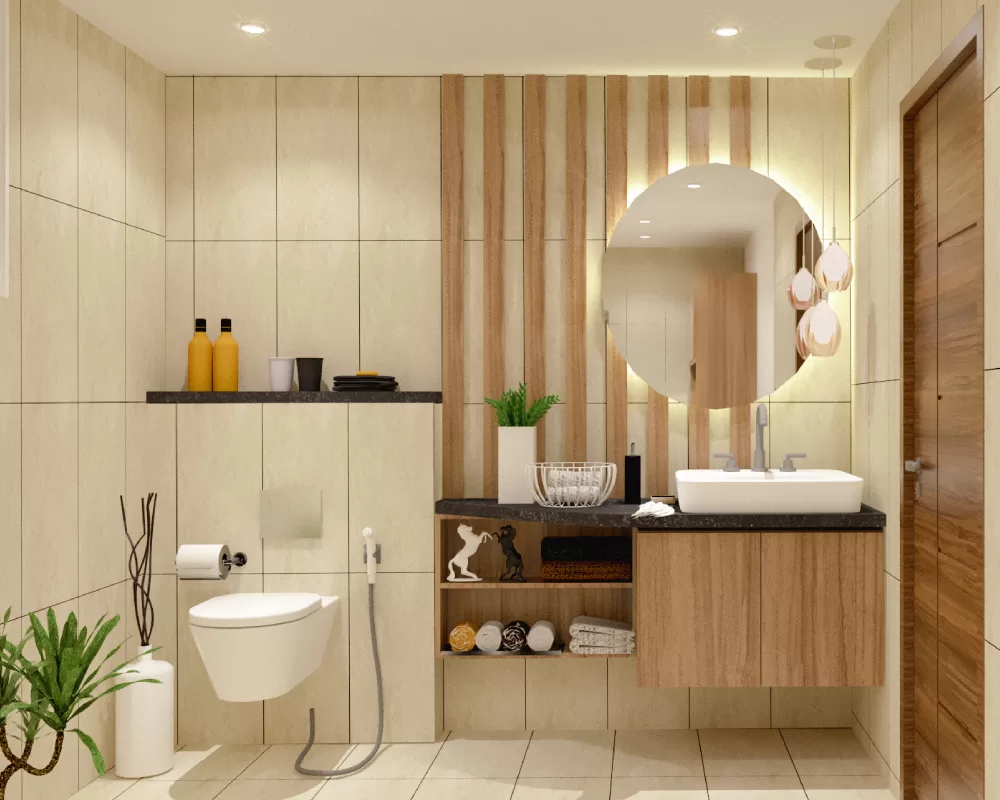 Compact vanity design for bathroom with marble-finish base cabinet and overhead mirror storage