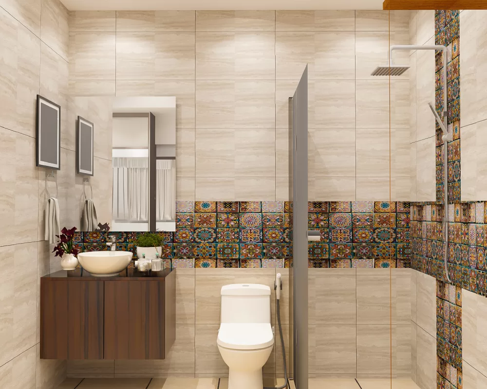 Sleek white washroom vanity design with vessel sink and dark textured tile backdrop