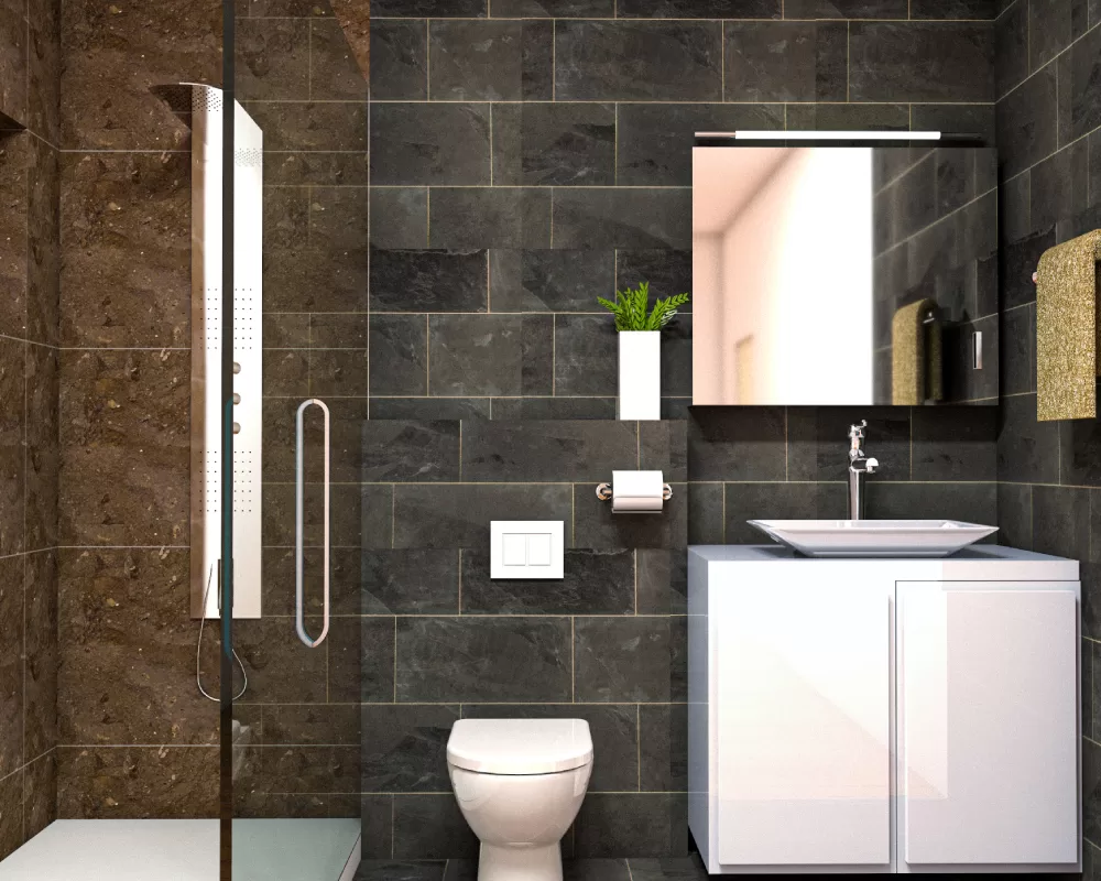 Modern bathroom vanity design with dark wood finish vibrant patterned accent tiles
