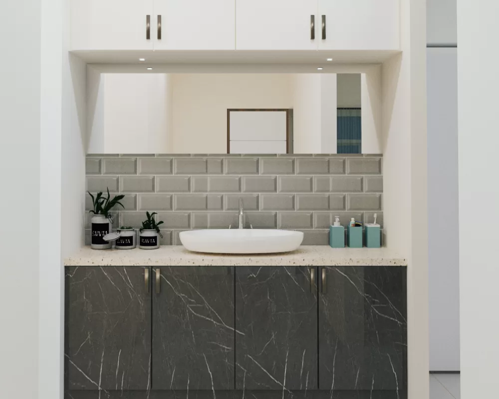 Contemporary vanity design with wood finish and decorative open shelving