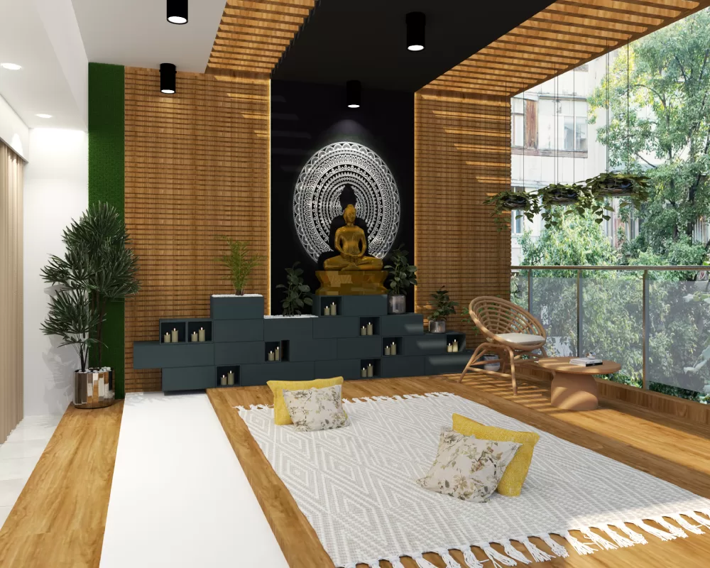 zen-inspired balcony design with Buddha statue and cozy floor seating