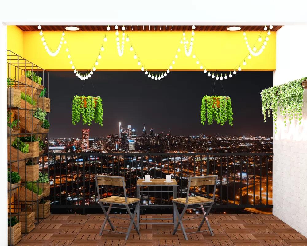 Night-time balcony design with stunning city view hanging plants
