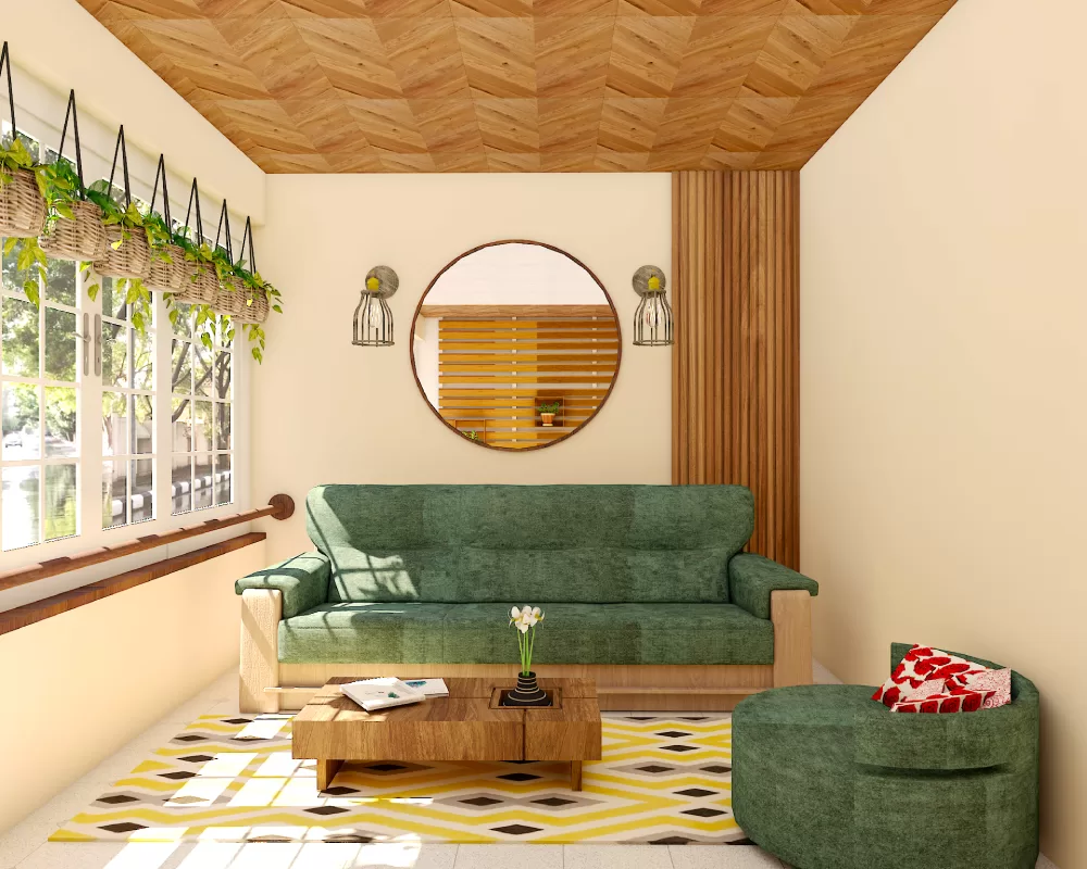 Cozy balcony design for home with sofa and hanging planters