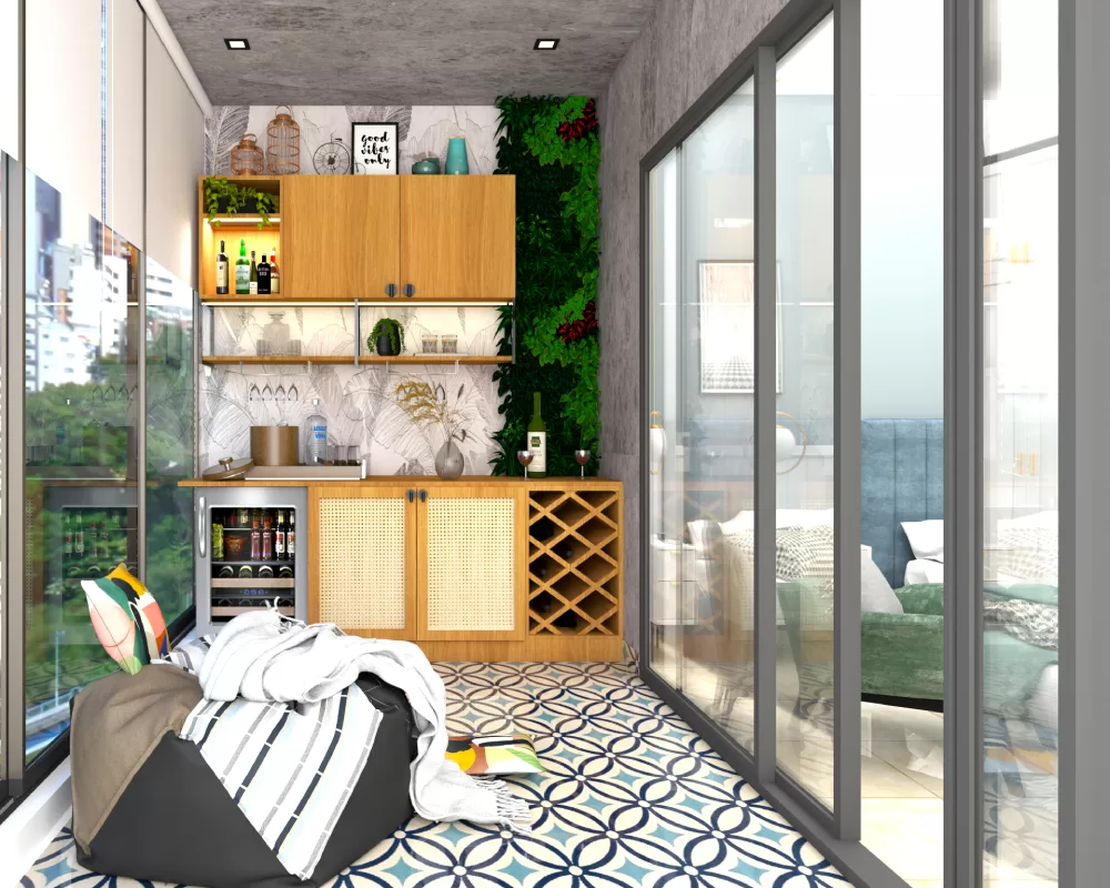 Modern balcony design for home featuring a stylish mini bar unit