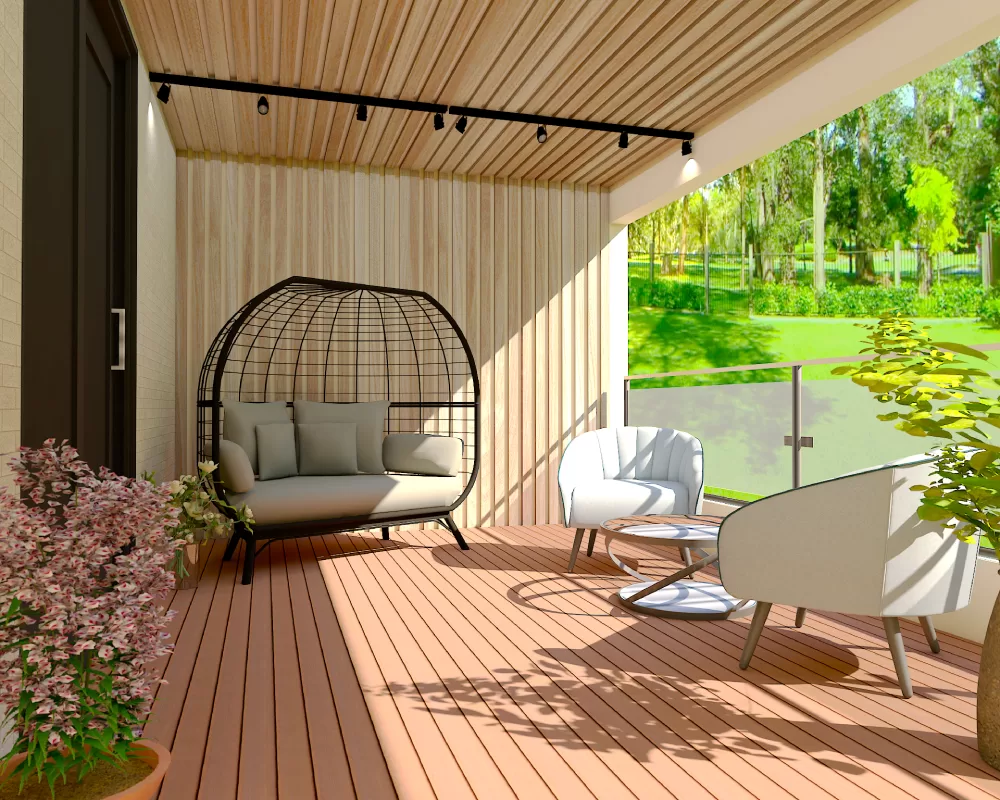 vertical wood paneling and serene outdoor garden view Luxury balcony interior design in bangalore