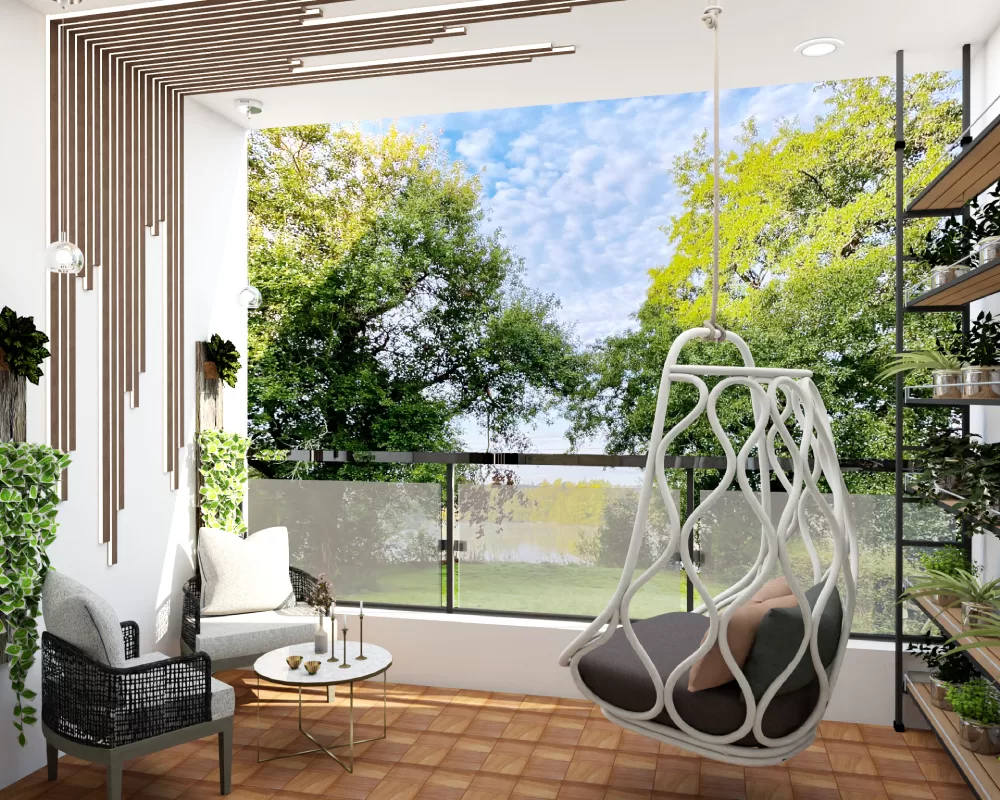 Contemporary balcony design for home showcasing a creative swing chair