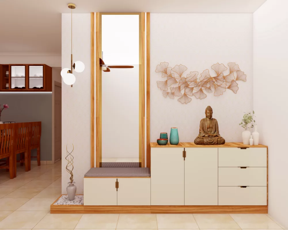 Modern foyer design with Buddha statue wall art and minimalist for a serene entryway in bangalore