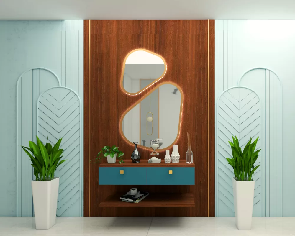 Modern home entrance design with artistic wall mirror and floating console unit