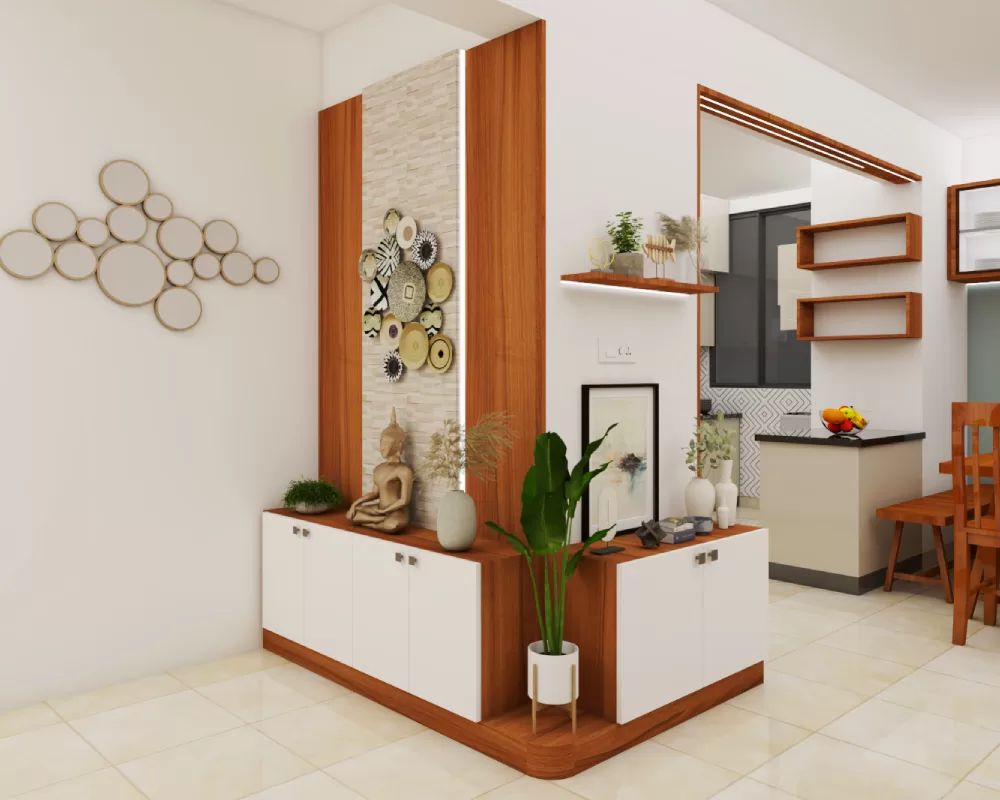 Contemporary foyer interior design featuring Buddha statue with wooden and white storage cabinet in hyderabad