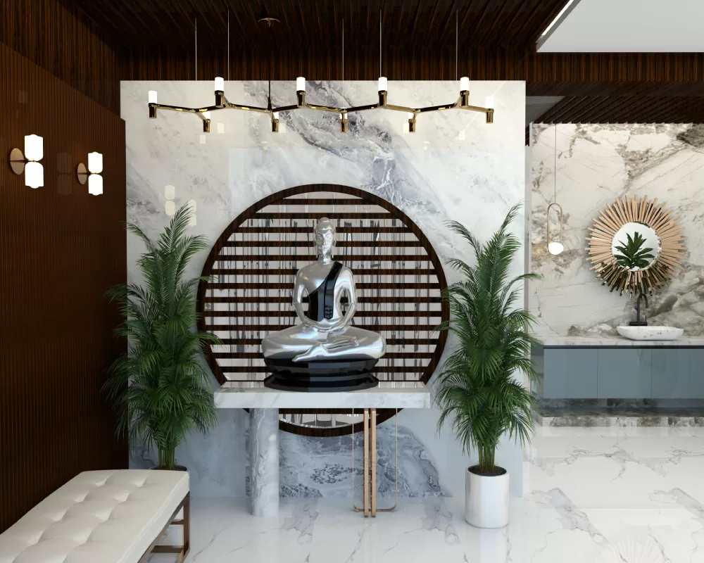 Luxury foyer design with metallic buddha and marble background.
