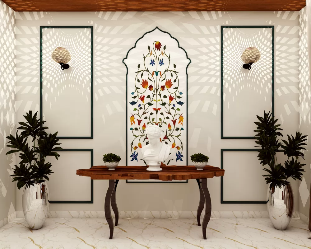 Traditional home entrance design featuring floral wall art with wooden console table