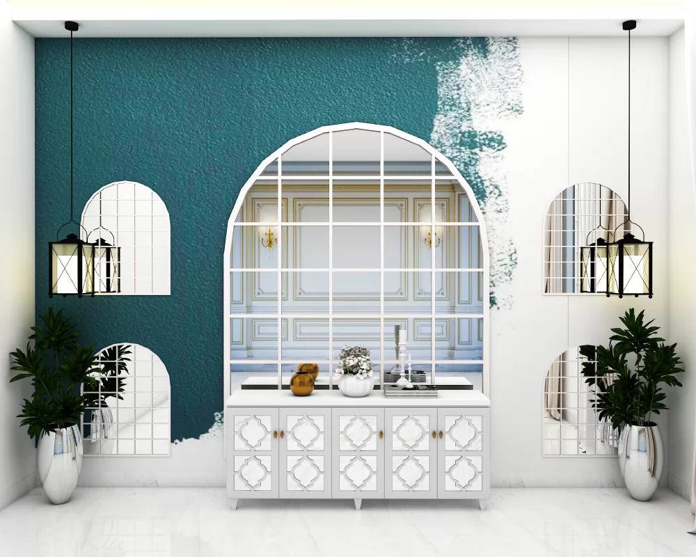 Contemporary entryway entrance foyer design and white teal mirror paneling in chennai