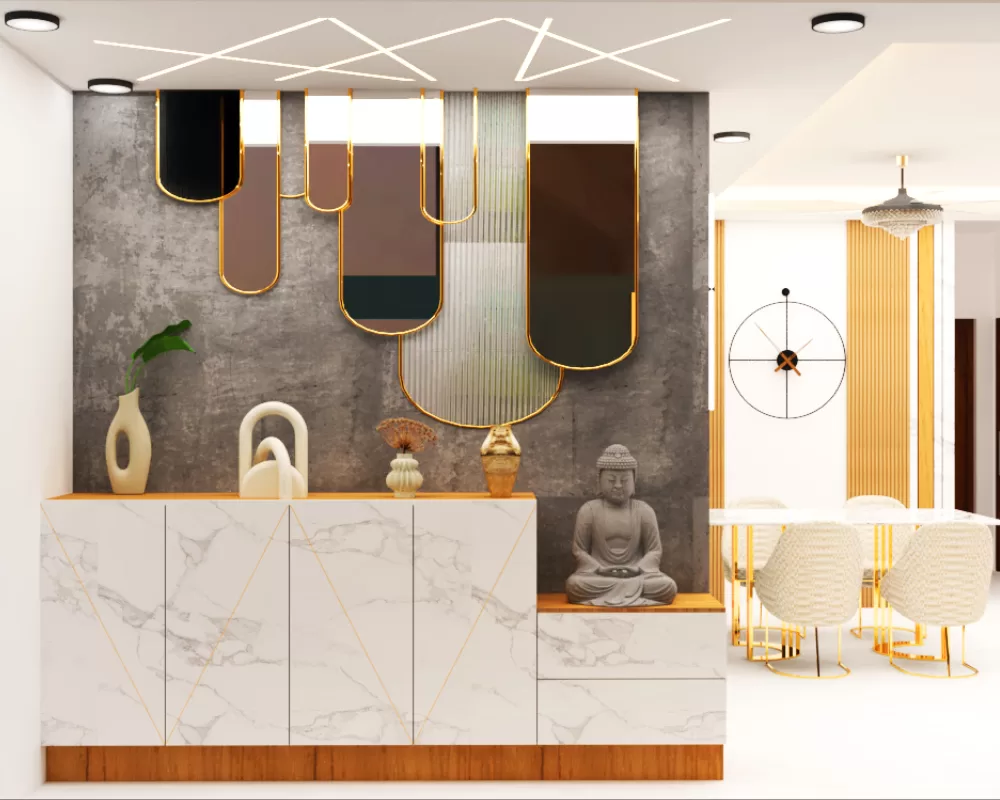 luxury house entrance design featuring a marble cabinet with buddha statue decorative art pieces and modern pendant mirrors.