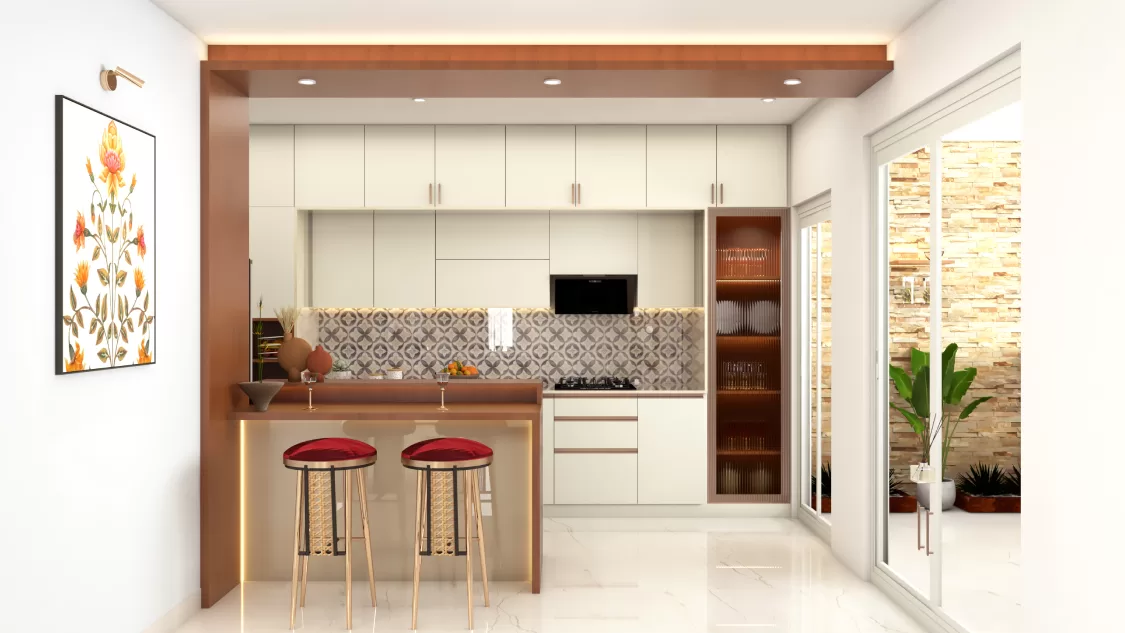 Simple kitchen design with a cozy wooden breakfast counter and cream cabinets in a compact layout
