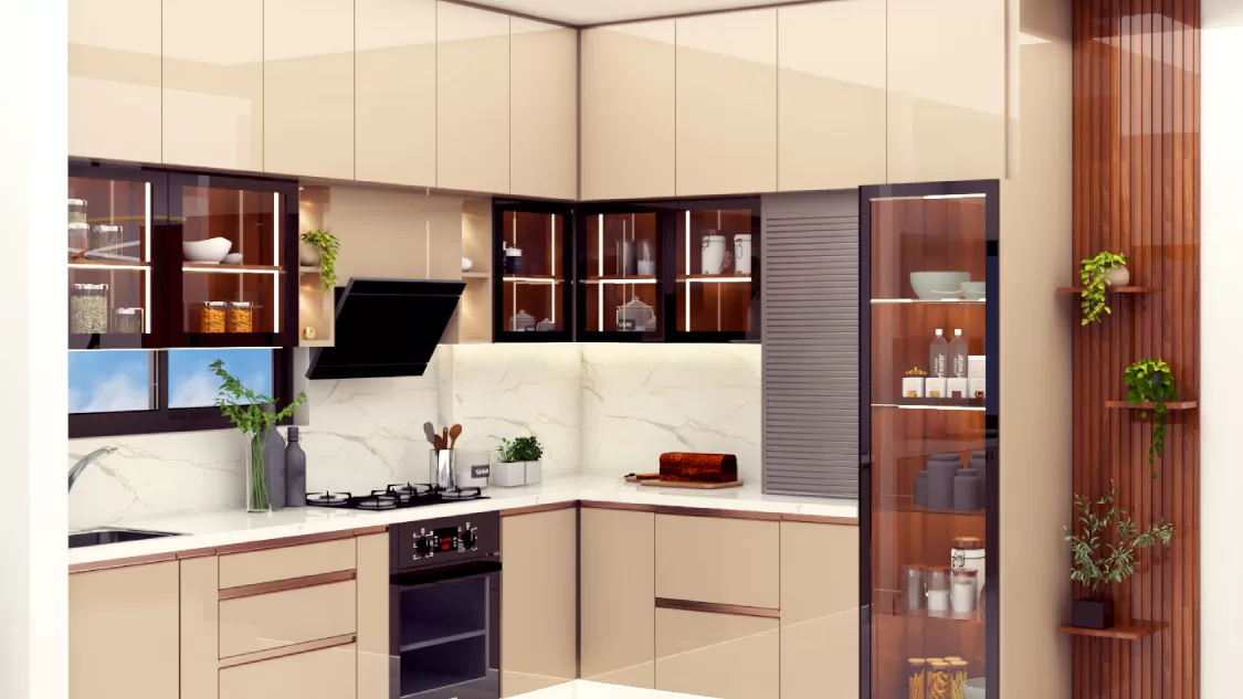 Elegant beige themed simple kitchen design with glass cabinets and minimal Decor in Bangalore
