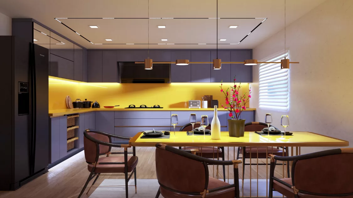 Modern luxury kitchen with yellow backsplash and integrated dining area with pendant lighting