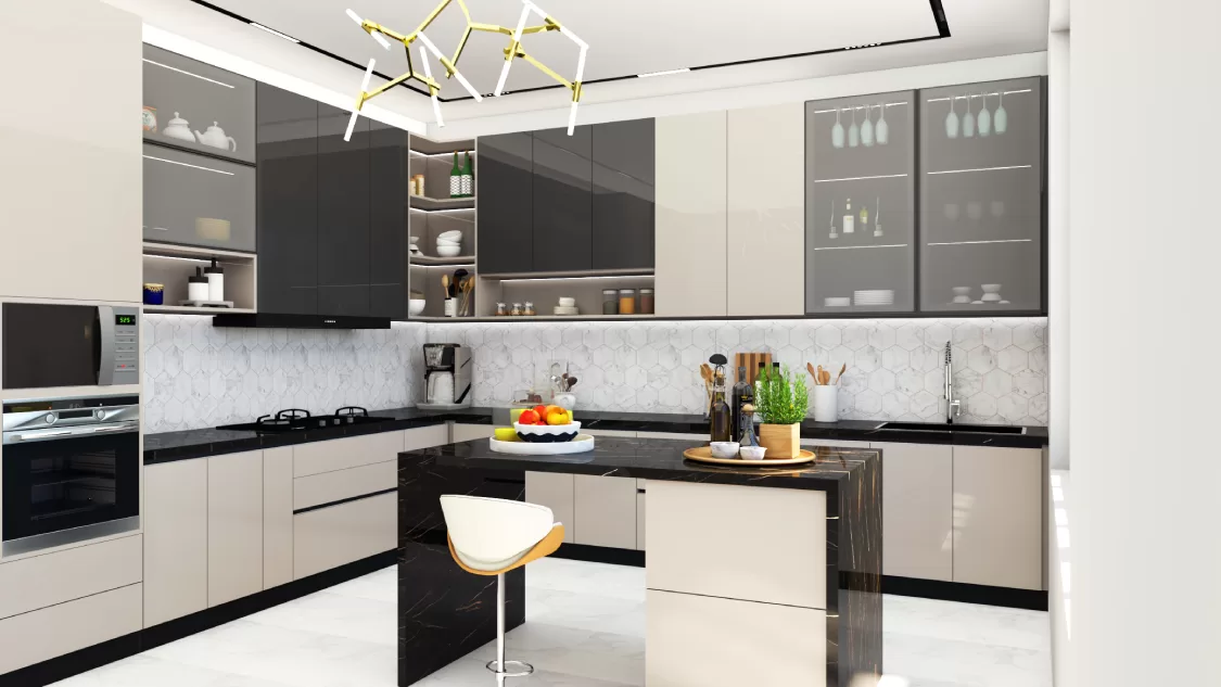 Modular kitchen interior design with island counter and modern chandelier lighting