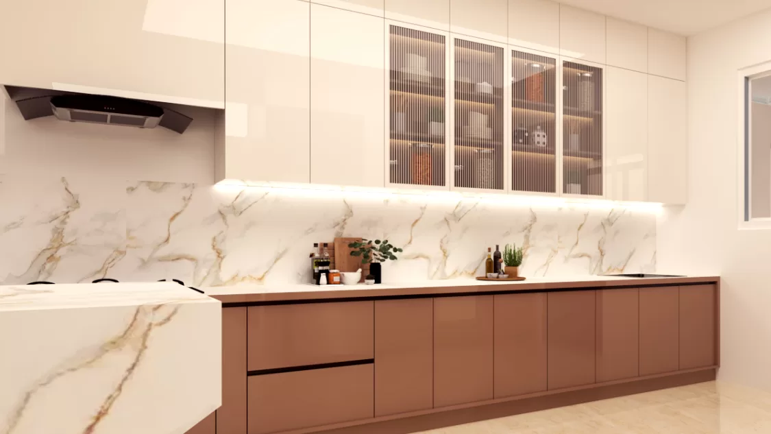 Modern kitchen design with marble backsplash and fluted glass upper units kitchen interior design in bangalore