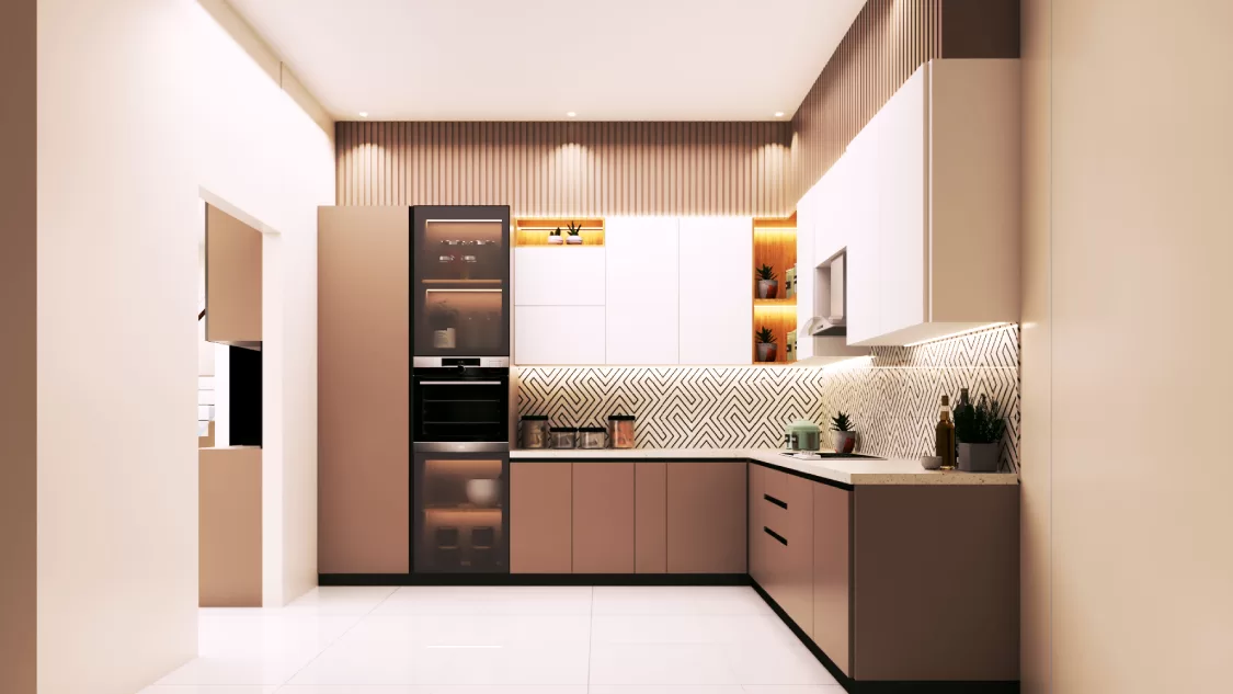 Elegant L-shaped modern kitchen design with beige lower cabinets and white upper units