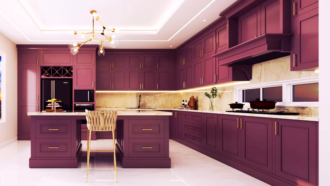 Luxury L-shaped kitchen with elegant purple cabinets, marble countertops, and central island