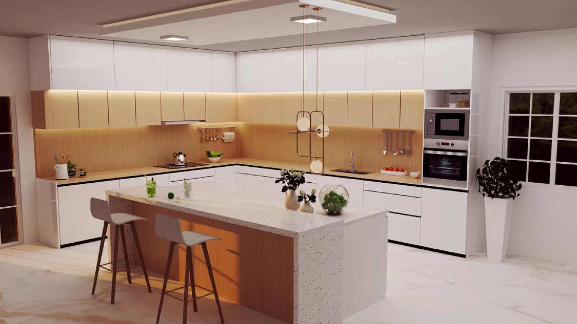 Modern white and wood cabinetry kitchen interior design in Bangalore