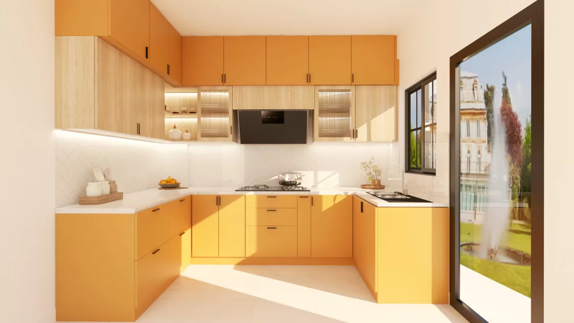 U-shaped modular kitchen design featuring yellow and wood-tone cabinetryand bright natural light