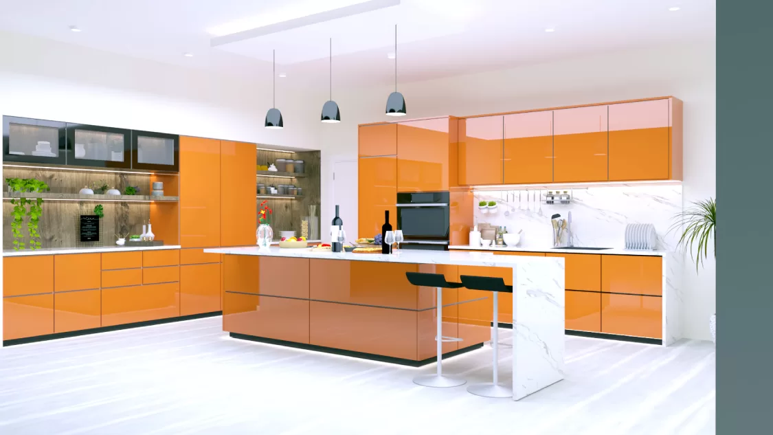 Contemporary modular kitchen interior design featuring vibrant orange finish and high end built in appliances