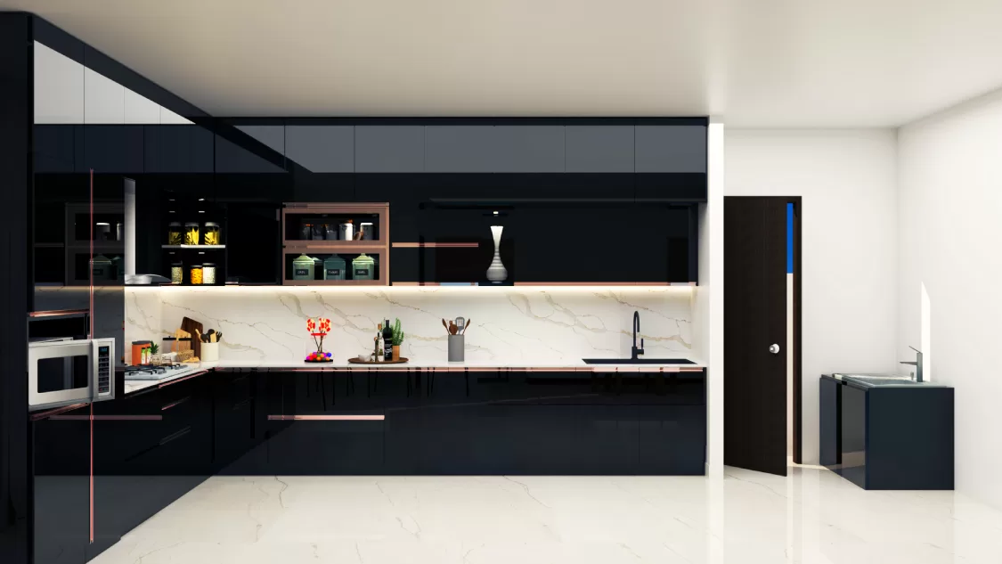 Contemporary black kitchen interior design with open shelves marble backsplash in bangalore