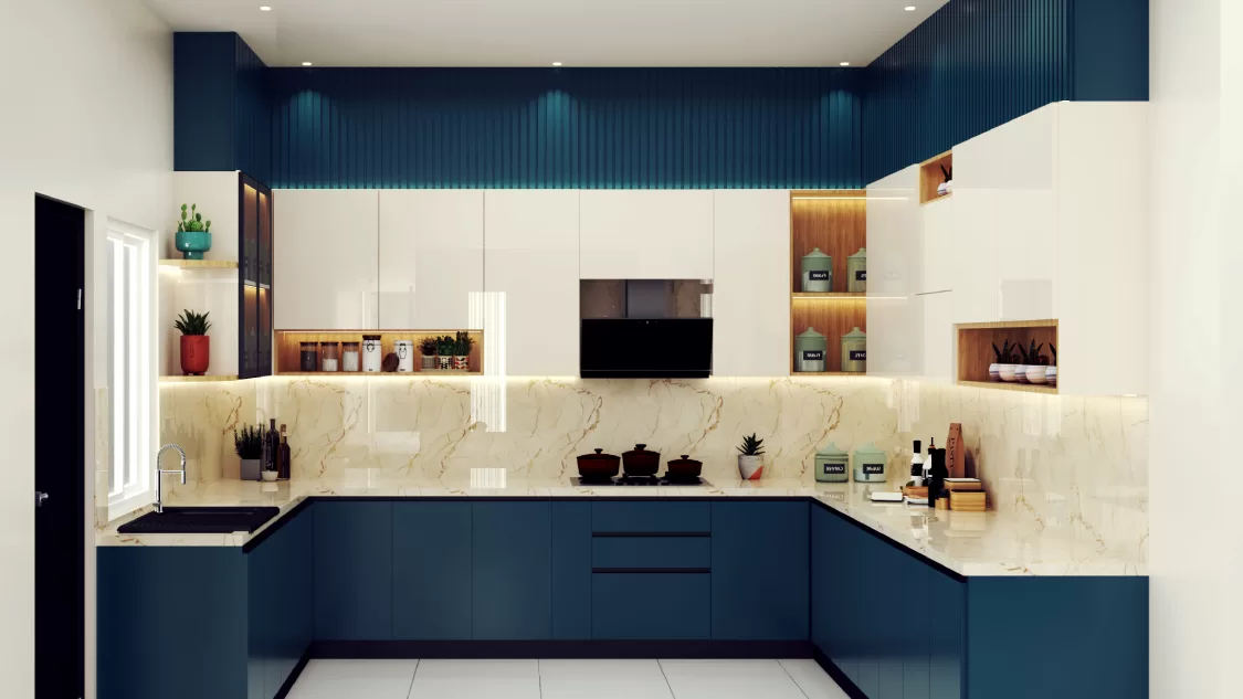 Modern Blue U-shape Open Kitchen Design with Quartz Countertops and white cabinetry