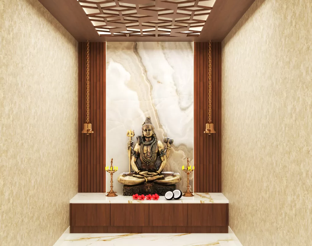 Modern pooja room design with Lord Shiva statue and traditional decor elements
