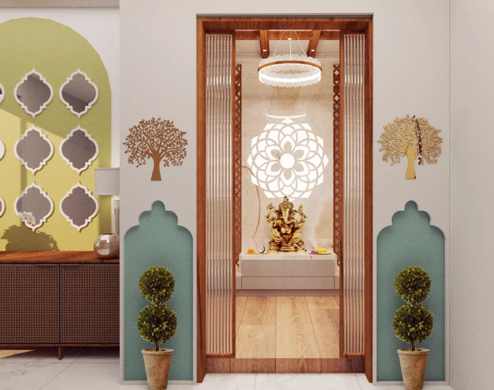 wooden flooring pooja room interior design entrance with Lord Ganesha idol and decorative wall art