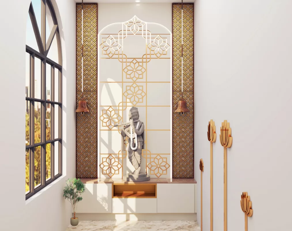 Contemporary pooja room interior featuring with Lord Krishna statue and large wall window with natural light