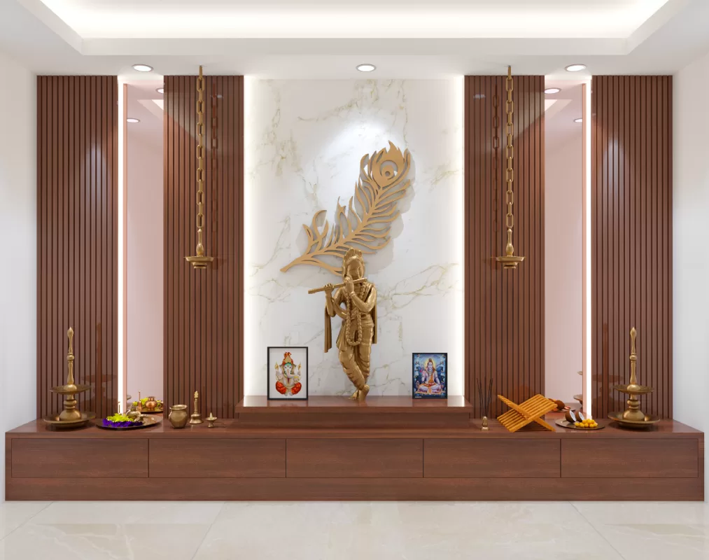 wooden panneling mandir style pooja room design featuring kishna statue with backdeop marble in Bangalore, Hyderabad and Chennai