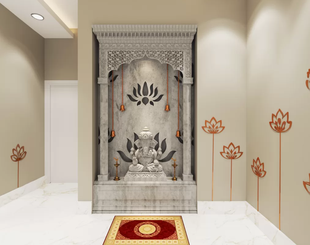 Traditional stone pooja unit design with intricately carved Ganesha idol and marble flooring in bangalore