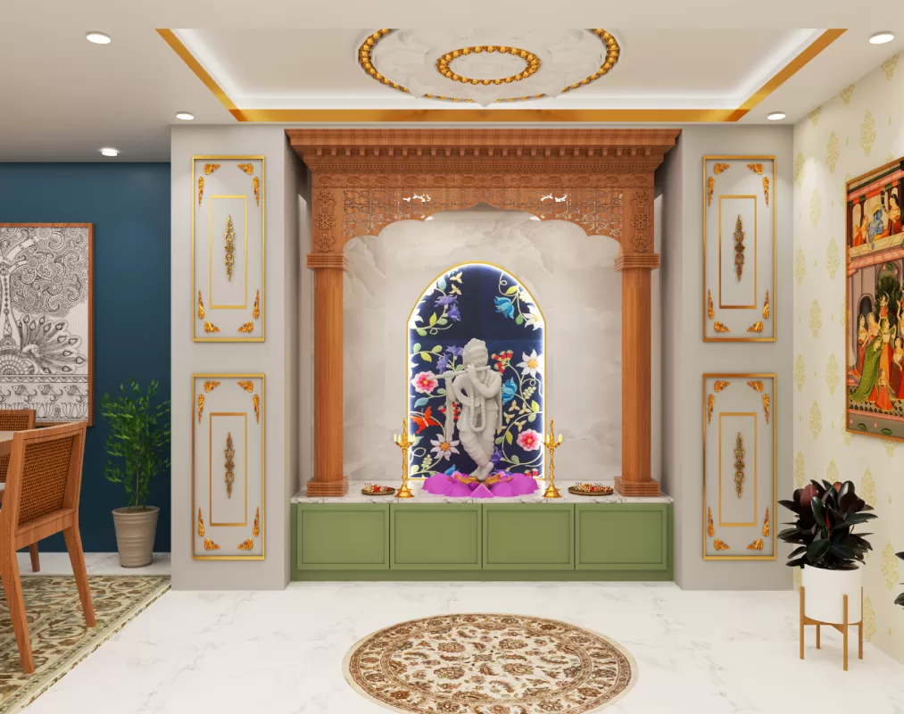 Open Mandir Design in a pooja room with traditional Element featuring Krishna idol with floral fabric backdrop
