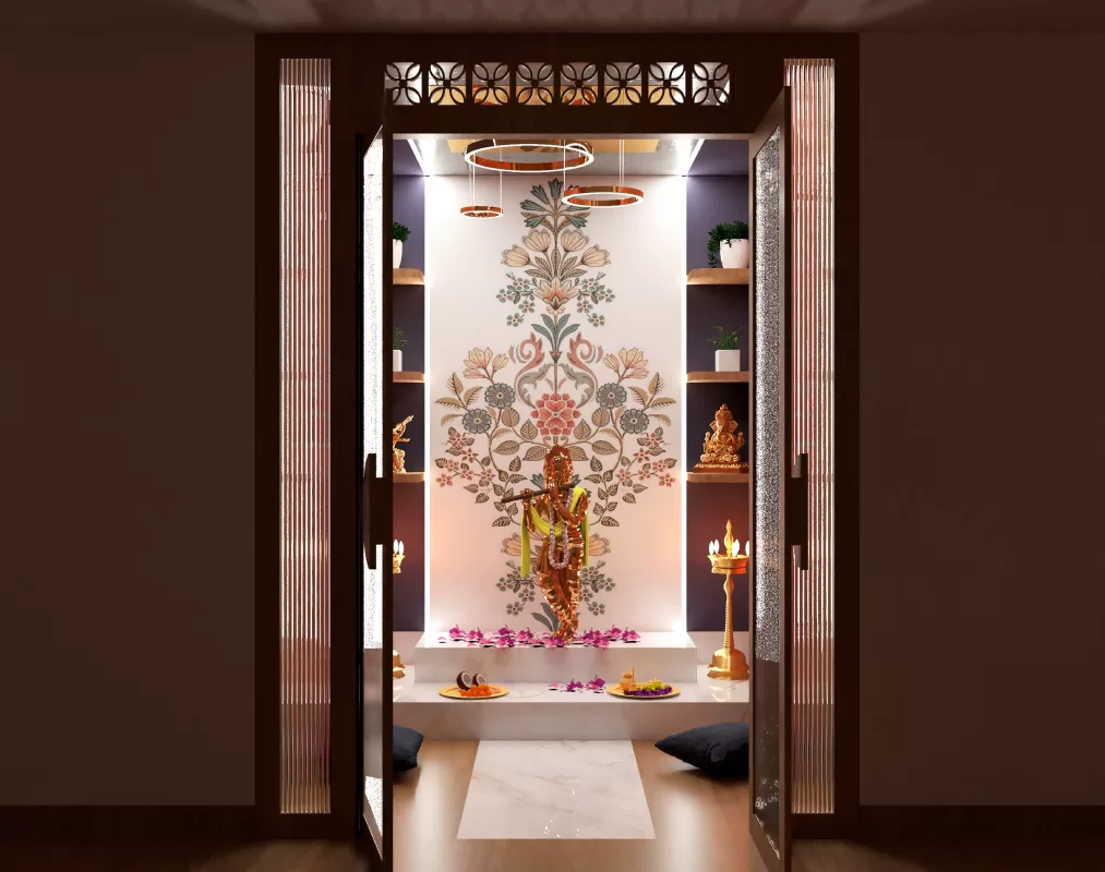 Contemporary pooja room with brass deity idol, floral mural wall art, wooden doors, and ambient lighting