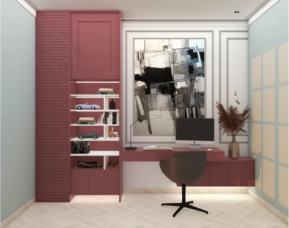 Cabinetry study room with abstract wall art and decorative shelves for concentration