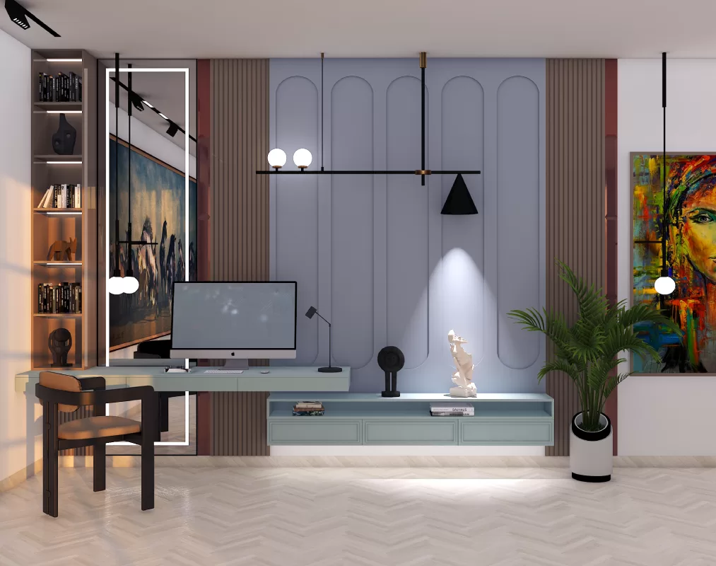 Attention room for study with pastal wall paneling and abstract artwork and elegant lighting