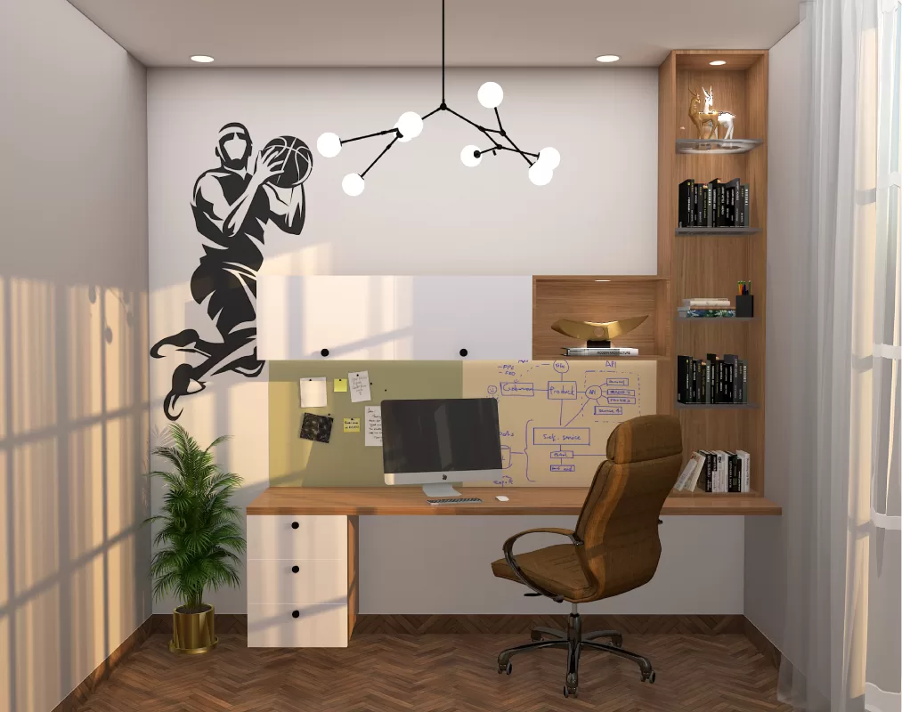 Study room design featuring a basketball player wall decal with wooden finishes