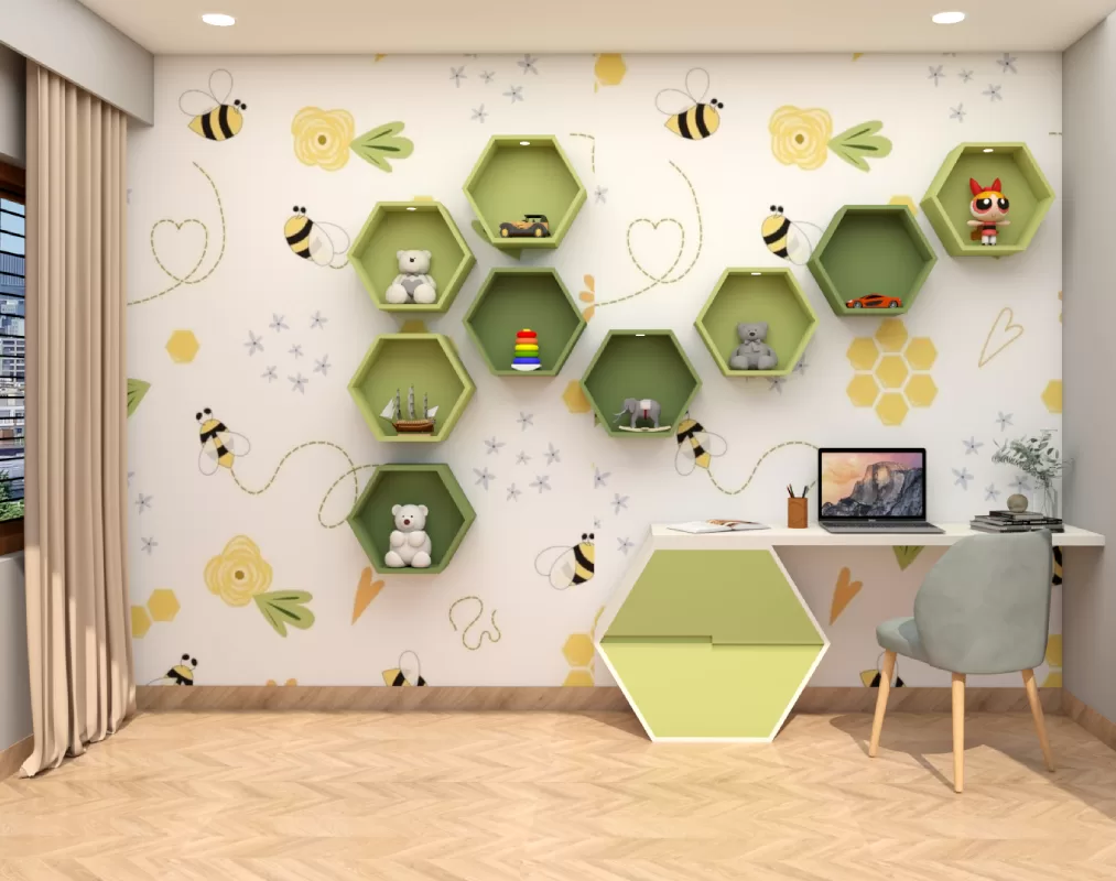 Bee themed kids' study room design with featuring honeycomb shaped wall with toys playful wallpaper