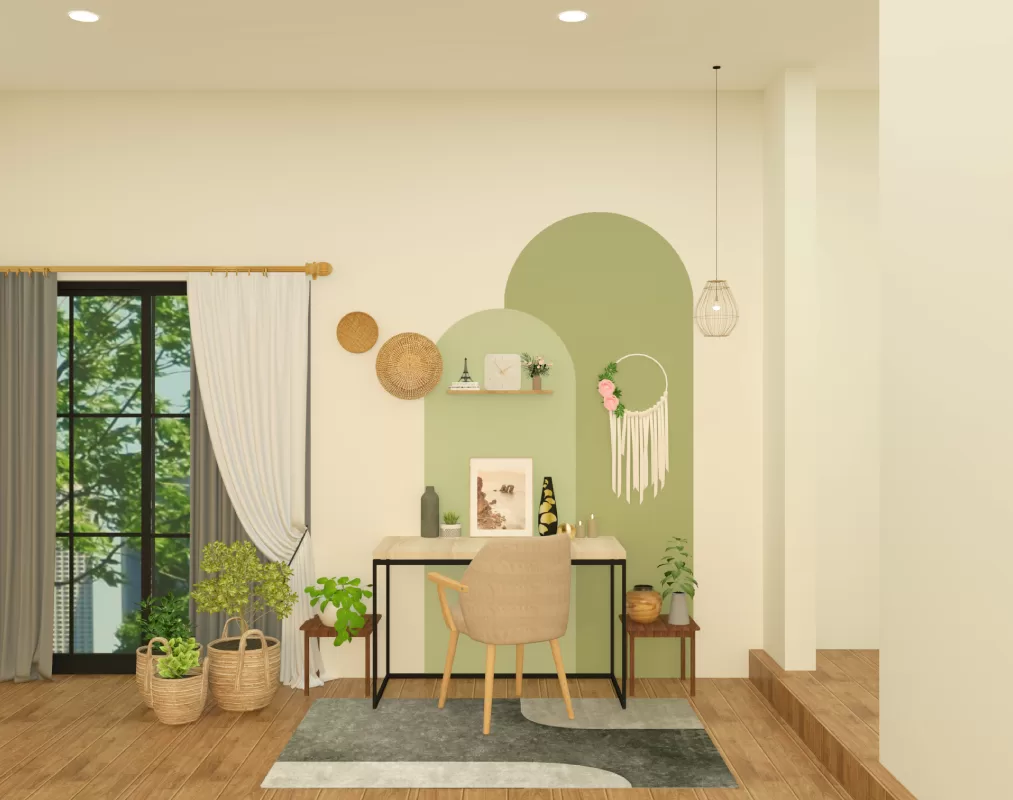 Boho Inspired home study nook with a soft green arched accent wall indoor plants in hyderabad