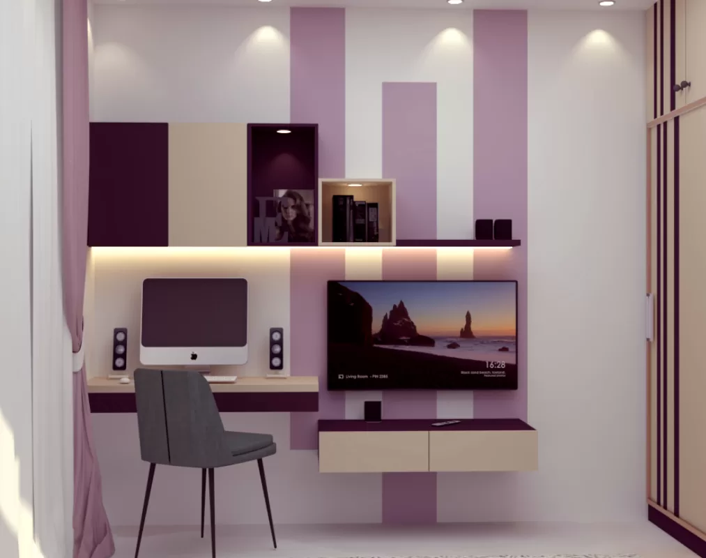 Modern study room interior design with a purple and cream striped accent wall sleek floating desk setup