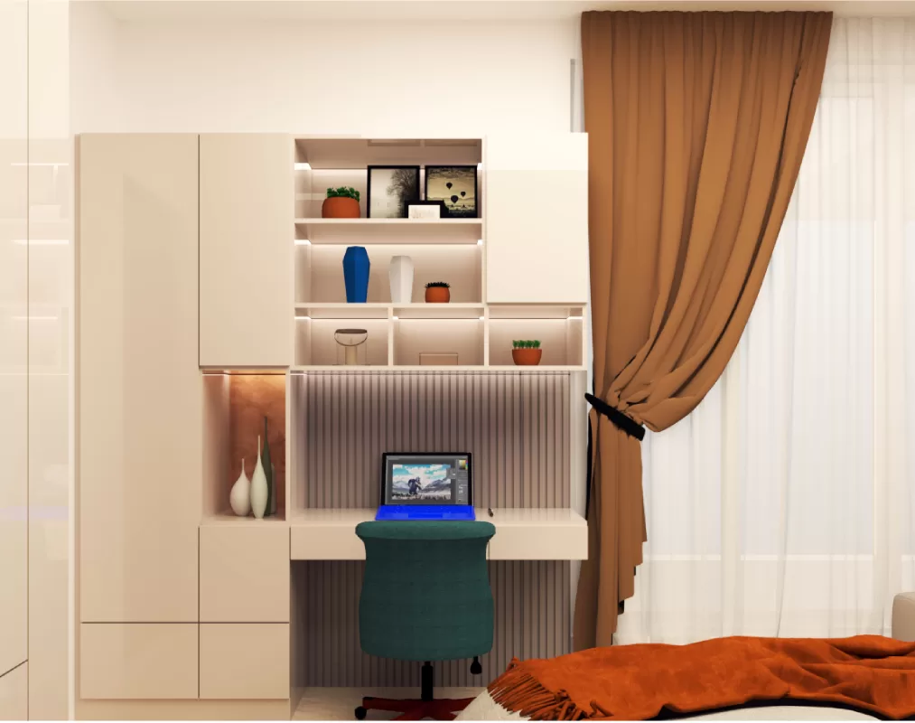 Compact study nook featuring a built-in desk with modern shelving