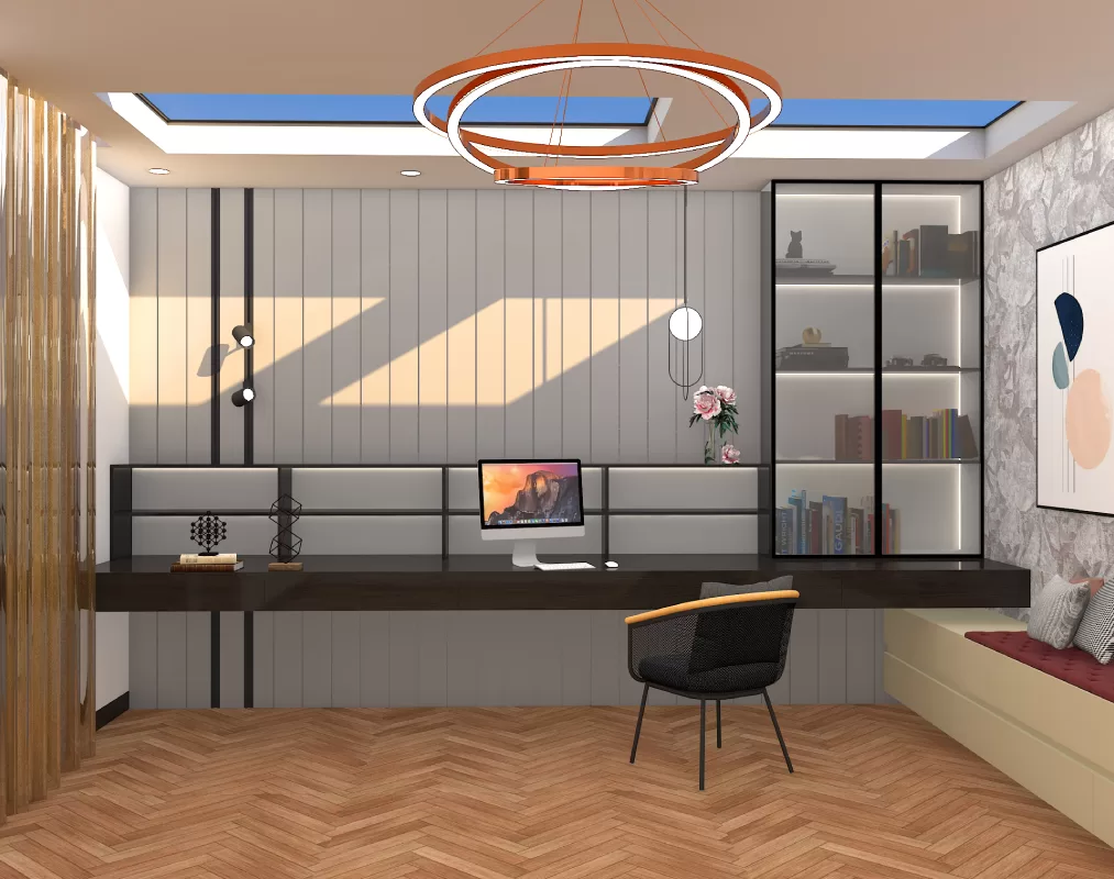 Luxury modern study room interior with a sleek dark wood desk and skylight ceiling