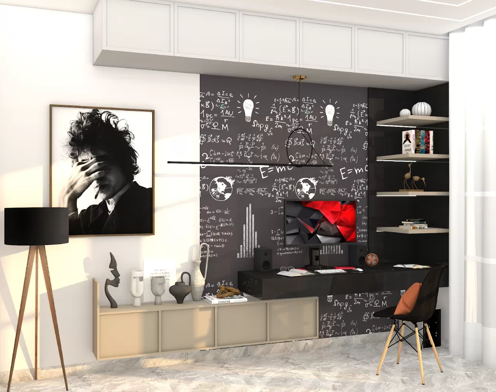 Creative study room design with a chalkboard style accent wall featuring & modern desk setup