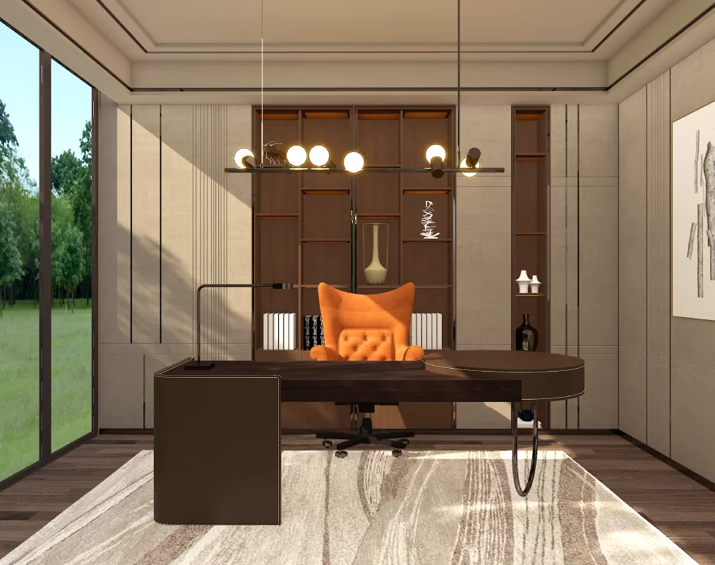 study room featuring a bold orange chair, custom wood shelving and full height glass windows with garden view