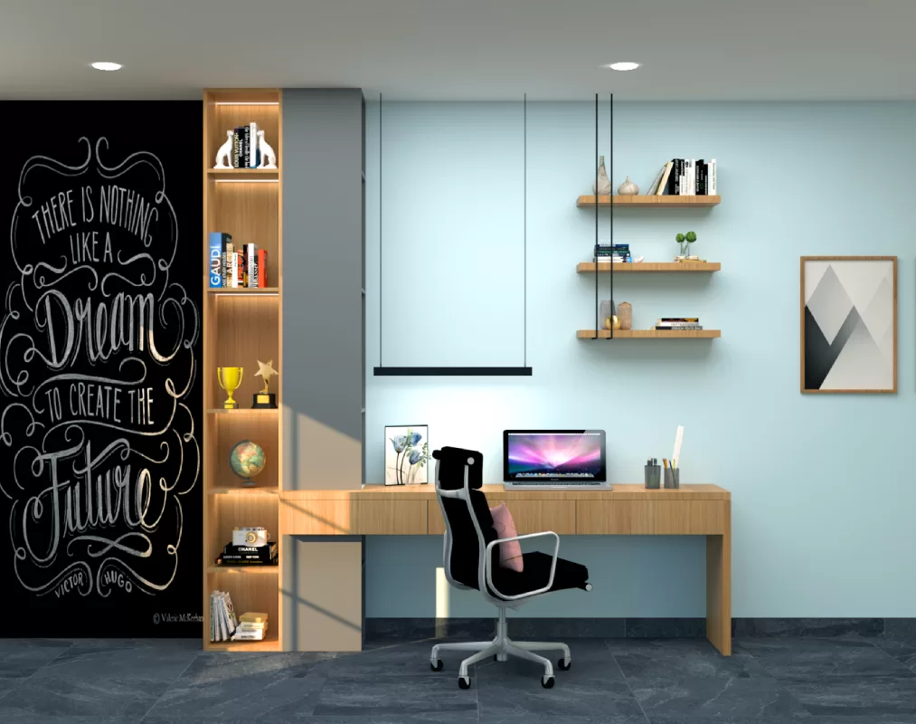 Motivational study room interior design with featuring a wooden desk and inspirational blackboard wall