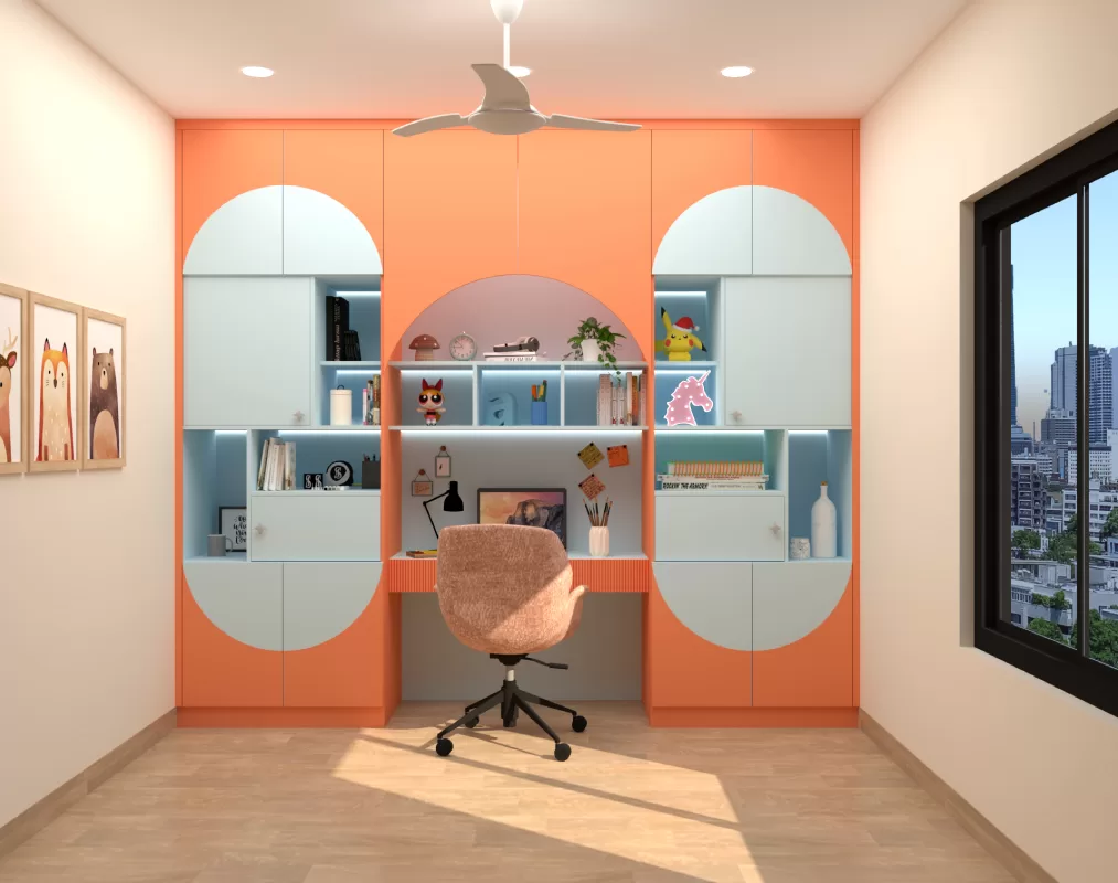 Colorful kids' study room with peach and blue built in storage in Bangalore