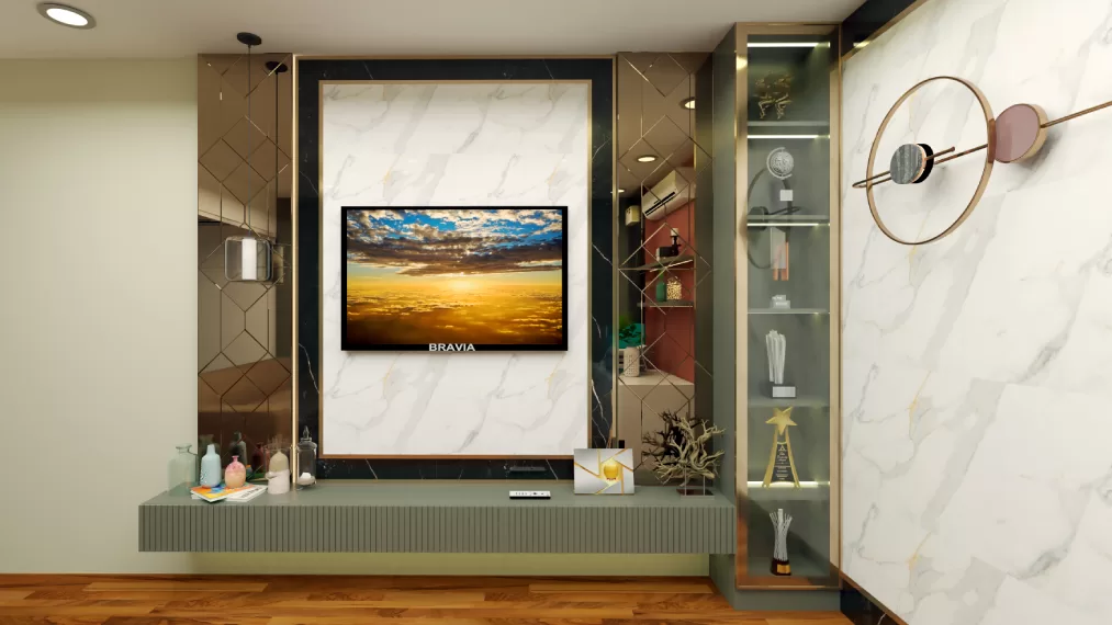 Modern TV unit design for hall featuring wall-mounted marble backdrop display shelves